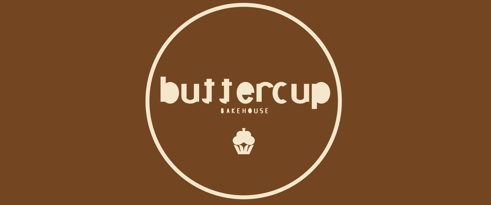 Buttercup Bakehouse logo, set in Solstra Didone with a thin circle frame and cupcake mark